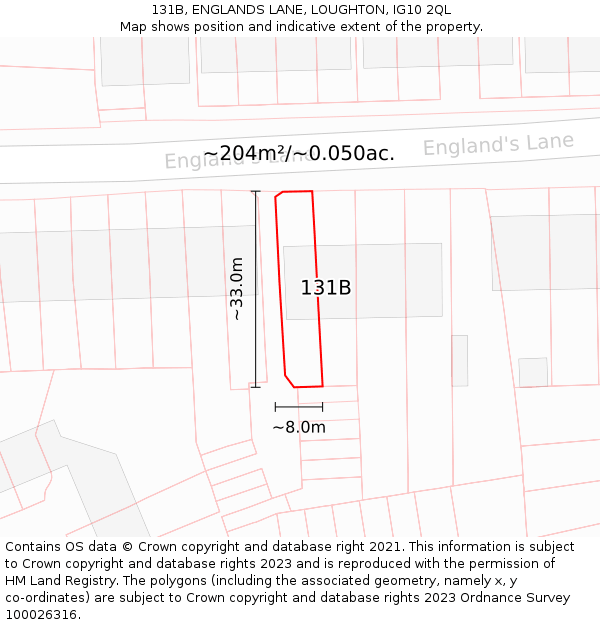 131B, ENGLANDS LANE, LOUGHTON, IG10 2QL: Plot and title map