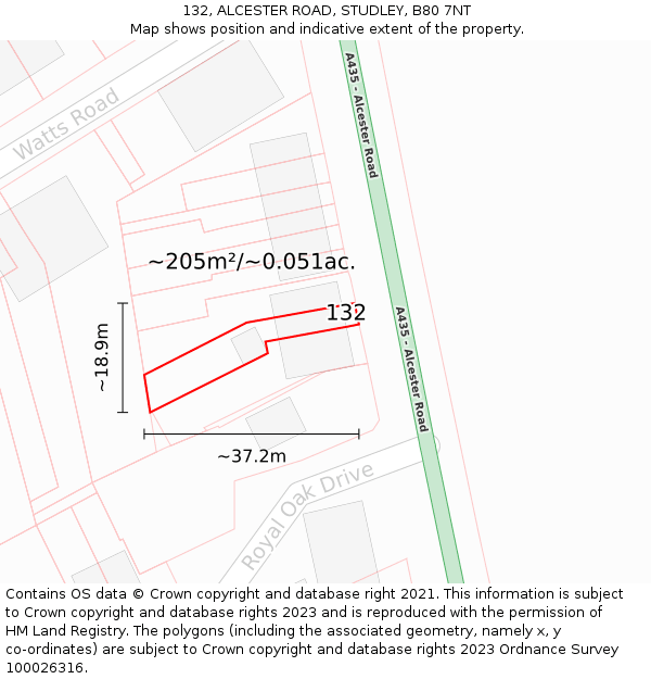 132, ALCESTER ROAD, STUDLEY, B80 7NT: Plot and title map