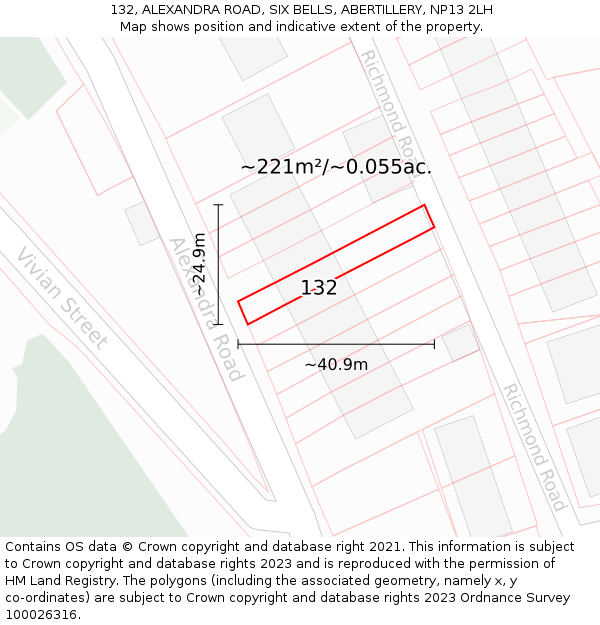 132, ALEXANDRA ROAD, SIX BELLS, ABERTILLERY, NP13 2LH: Plot and title map