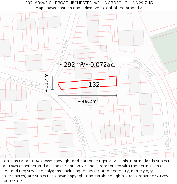 132, ARKWRIGHT ROAD, IRCHESTER, WELLINGBOROUGH, NN29 7HG: Plot and title map
