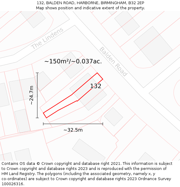 132, BALDEN ROAD, HARBORNE, BIRMINGHAM, B32 2EP: Plot and title map