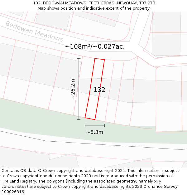 132, BEDOWAN MEADOWS, TRETHERRAS, NEWQUAY, TR7 2TB: Plot and title map