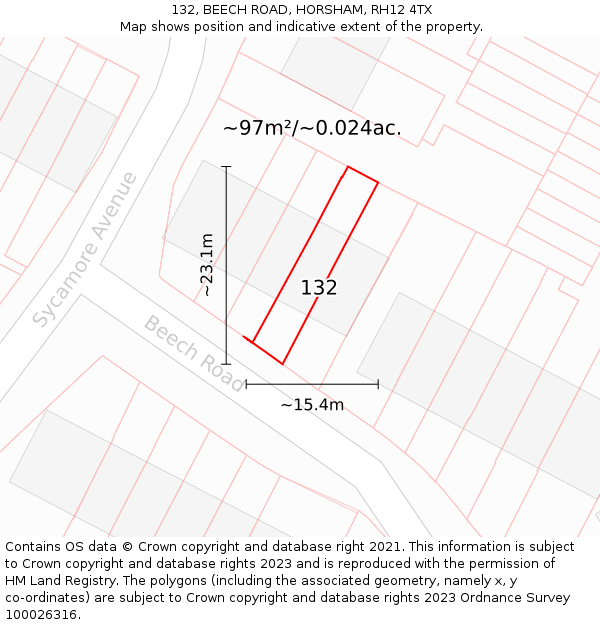 132, BEECH ROAD, HORSHAM, RH12 4TX: Plot and title map