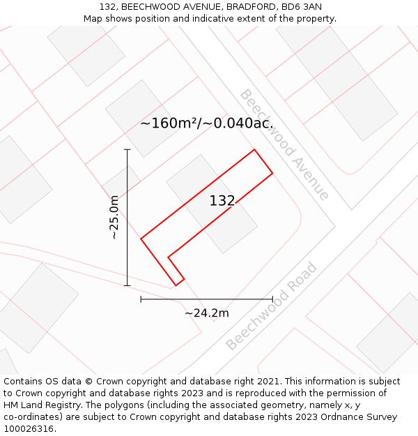 132, BEECHWOOD AVENUE, BRADFORD, BD6 3AN: Plot and title map