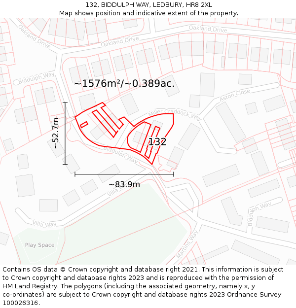 132, BIDDULPH WAY, LEDBURY, HR8 2XL: Plot and title map