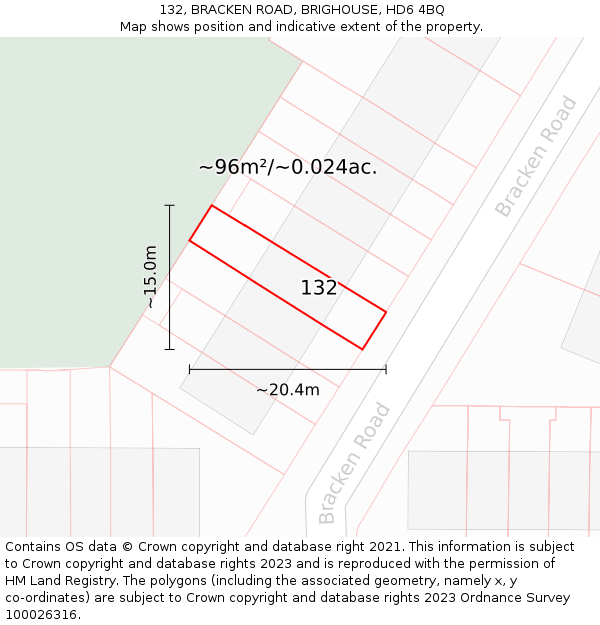 132, BRACKEN ROAD, BRIGHOUSE, HD6 4BQ: Plot and title map