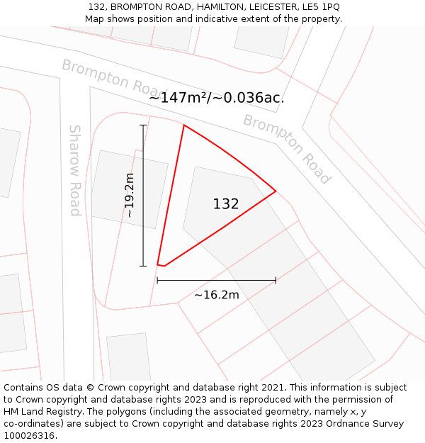 132, BROMPTON ROAD, HAMILTON, LEICESTER, LE5 1PQ: Plot and title map
