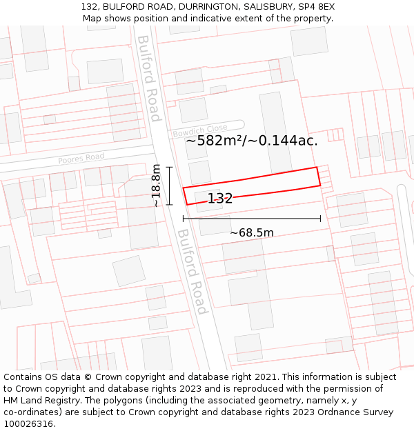 132, BULFORD ROAD, DURRINGTON, SALISBURY, SP4 8EX: Plot and title map