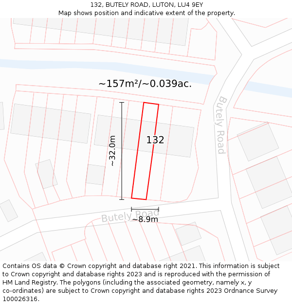 132, BUTELY ROAD, LUTON, LU4 9EY: Plot and title map