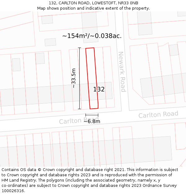 132, CARLTON ROAD, LOWESTOFT, NR33 0NB: Plot and title map