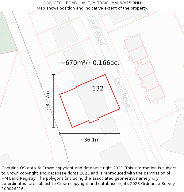 132, CECIL ROAD, HALE, ALTRINCHAM, WA15 9NU: Plot and title map