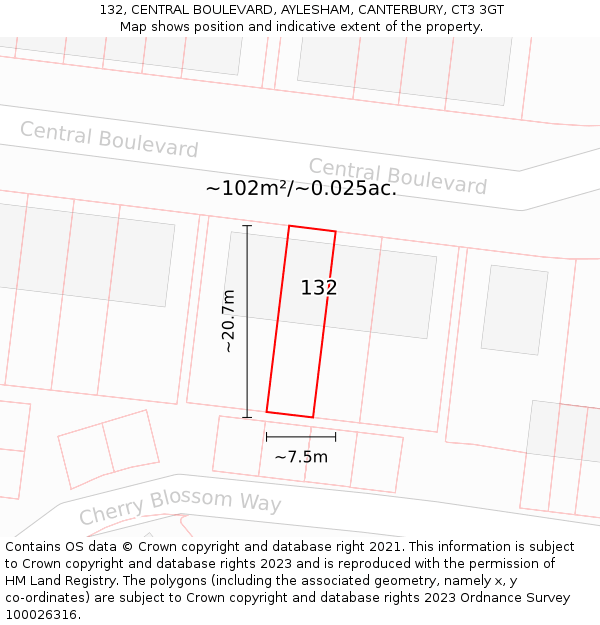 132, CENTRAL BOULEVARD, AYLESHAM, CANTERBURY, CT3 3GT: Plot and title map