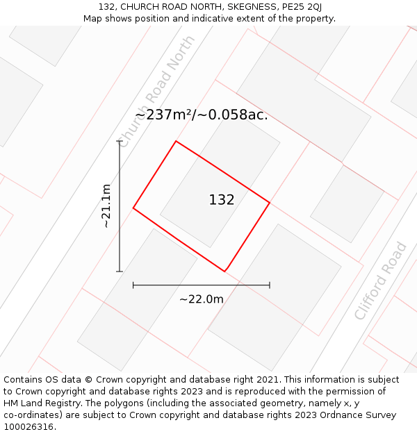 132, CHURCH ROAD NORTH, SKEGNESS, PE25 2QJ: Plot and title map