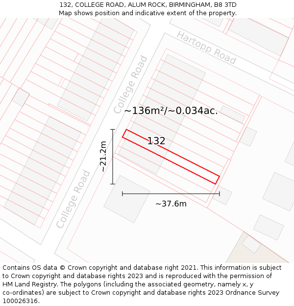 132, COLLEGE ROAD, ALUM ROCK, BIRMINGHAM, B8 3TD: Plot and title map