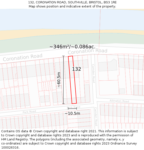 132, CORONATION ROAD, SOUTHVILLE, BRISTOL, BS3 1RE: Plot and title map