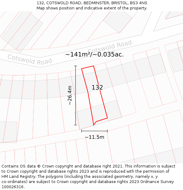 132, COTSWOLD ROAD, BEDMINSTER, BRISTOL, BS3 4NS: Plot and title map