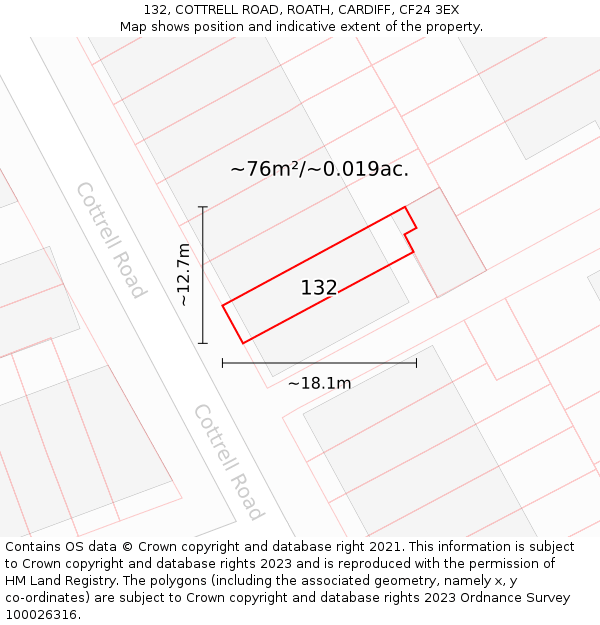 132, COTTRELL ROAD, ROATH, CARDIFF, CF24 3EX: Plot and title map