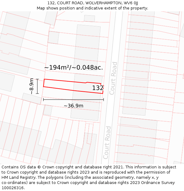 132, COURT ROAD, WOLVERHAMPTON, WV6 0JJ: Plot and title map
