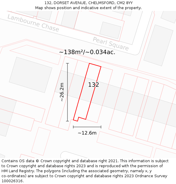 132, DORSET AVENUE, CHELMSFORD, CM2 8YY: Plot and title map