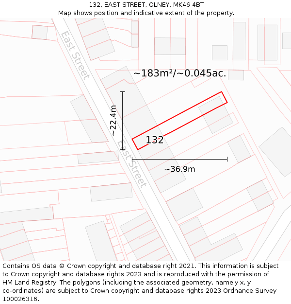 132, EAST STREET, OLNEY, MK46 4BT: Plot and title map