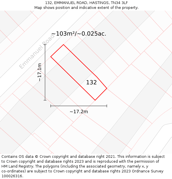 132, EMMANUEL ROAD, HASTINGS, TN34 3LF: Plot and title map