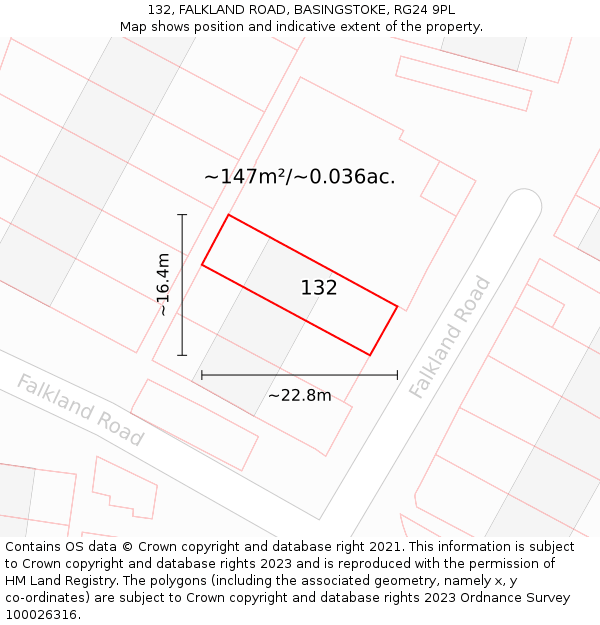 132, FALKLAND ROAD, BASINGSTOKE, RG24 9PL: Plot and title map
