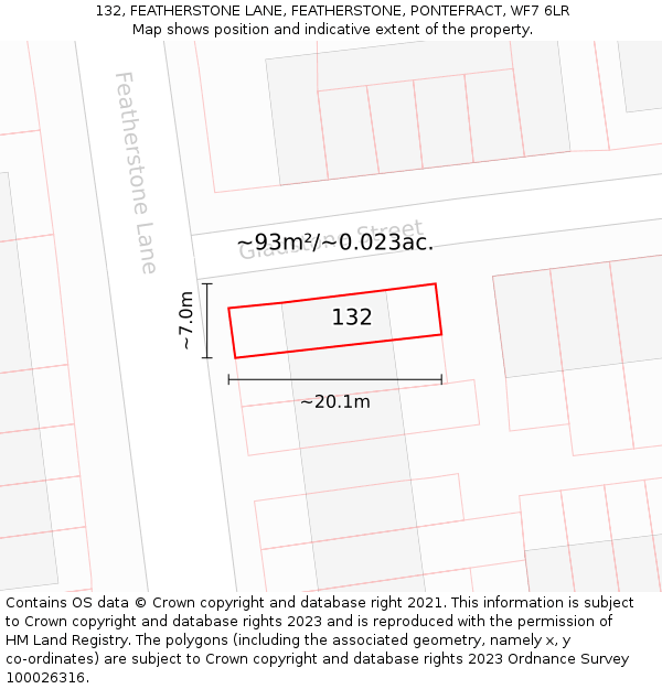 132, FEATHERSTONE LANE, FEATHERSTONE, PONTEFRACT, WF7 6LR: Plot and title map