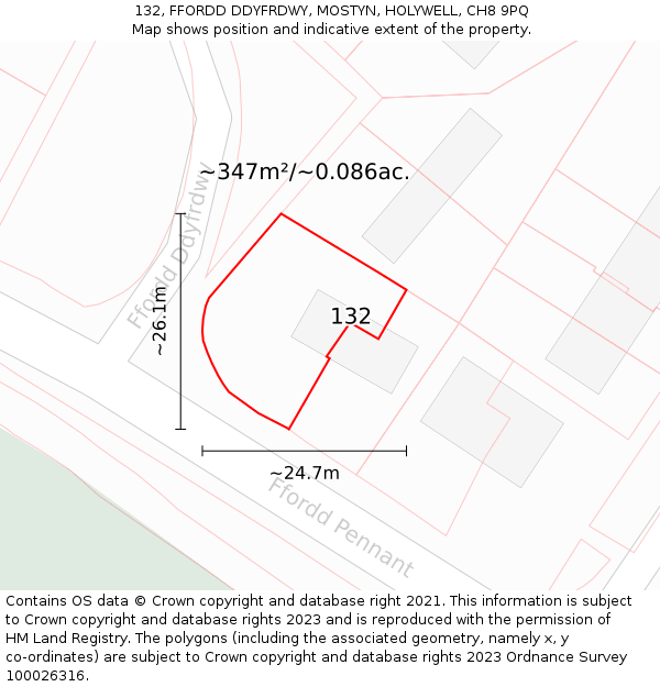 132, FFORDD DDYFRDWY, MOSTYN, HOLYWELL, CH8 9PQ: Plot and title map