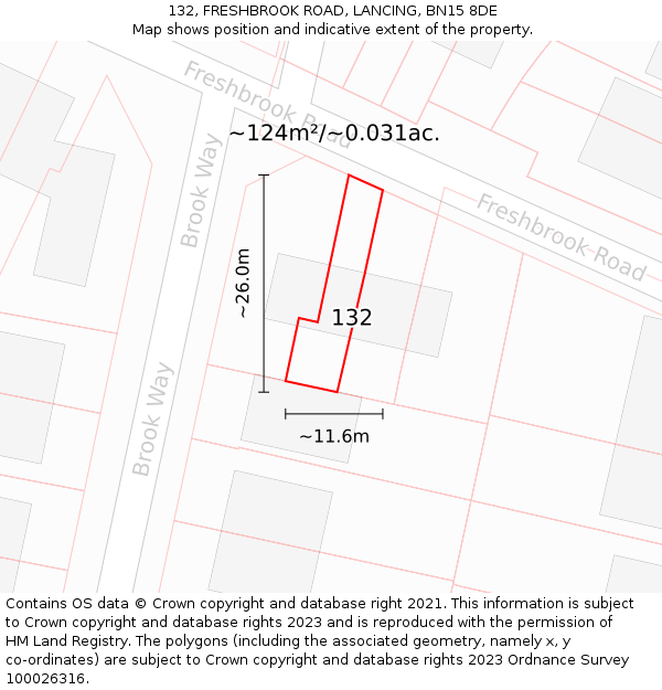 132, FRESHBROOK ROAD, LANCING, BN15 8DE: Plot and title map