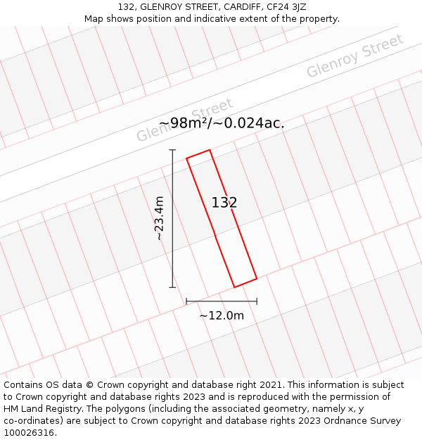 132, GLENROY STREET, CARDIFF, CF24 3JZ: Plot and title map