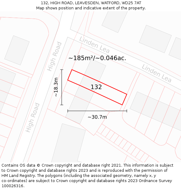 132, HIGH ROAD, LEAVESDEN, WATFORD, WD25 7AT: Plot and title map