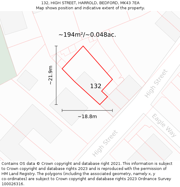 132, HIGH STREET, HARROLD, BEDFORD, MK43 7EA: Plot and title map