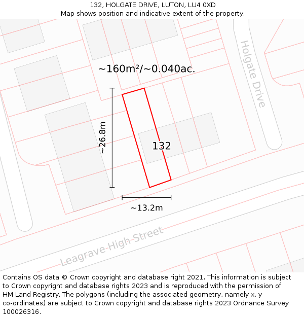 132, HOLGATE DRIVE, LUTON, LU4 0XD: Plot and title map