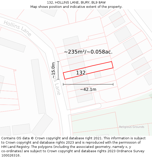 132, HOLLINS LANE, BURY, BL9 8AW: Plot and title map