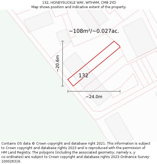 132, HONEYSUCKLE WAY, WITHAM, CM8 2YD: Plot and title map