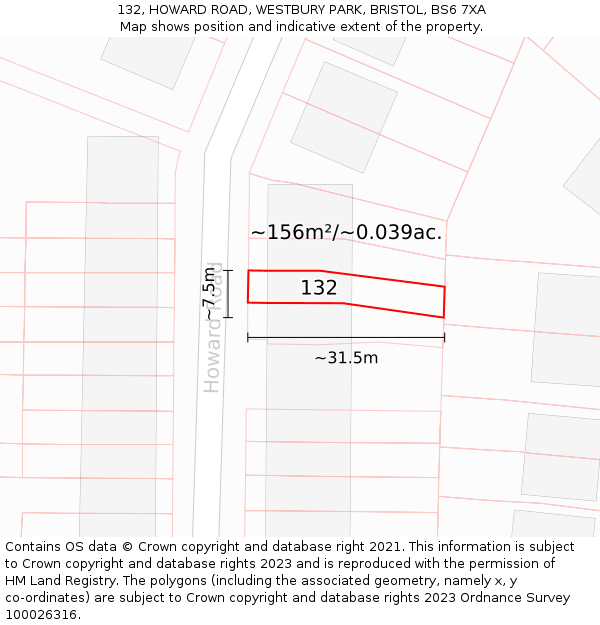132, HOWARD ROAD, WESTBURY PARK, BRISTOL, BS6 7XA: Plot and title map