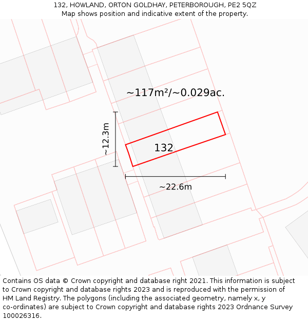 132, HOWLAND, ORTON GOLDHAY, PETERBOROUGH, PE2 5QZ: Plot and title map