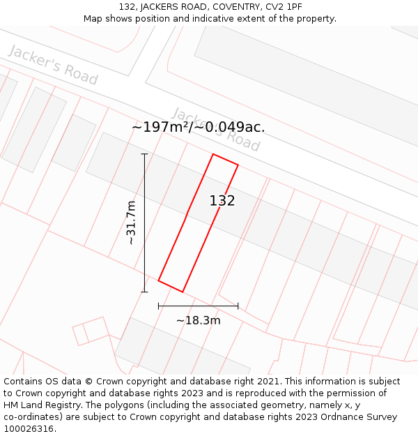 132, JACKERS ROAD, COVENTRY, CV2 1PF: Plot and title map
