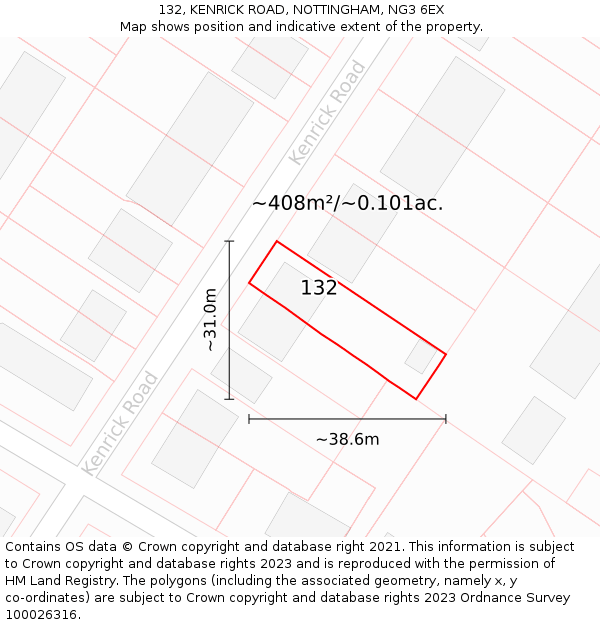 132, KENRICK ROAD, NOTTINGHAM, NG3 6EX: Plot and title map