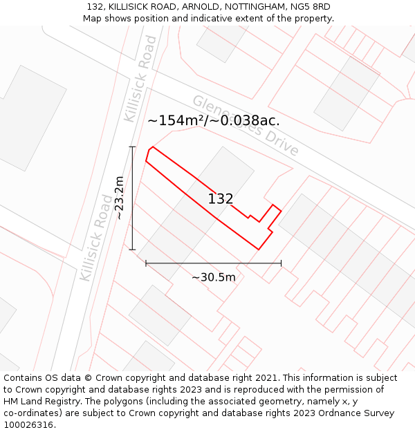 132, KILLISICK ROAD, ARNOLD, NOTTINGHAM, NG5 8RD: Plot and title map