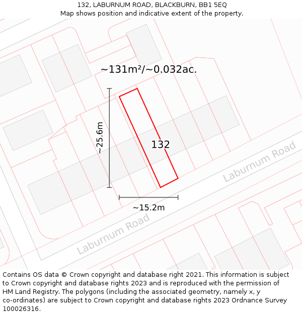 132, LABURNUM ROAD, BLACKBURN, BB1 5EQ: Plot and title map