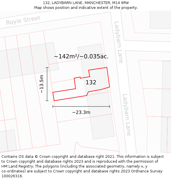 132, LADYBARN LANE, MANCHESTER, M14 6RW: Plot and title map