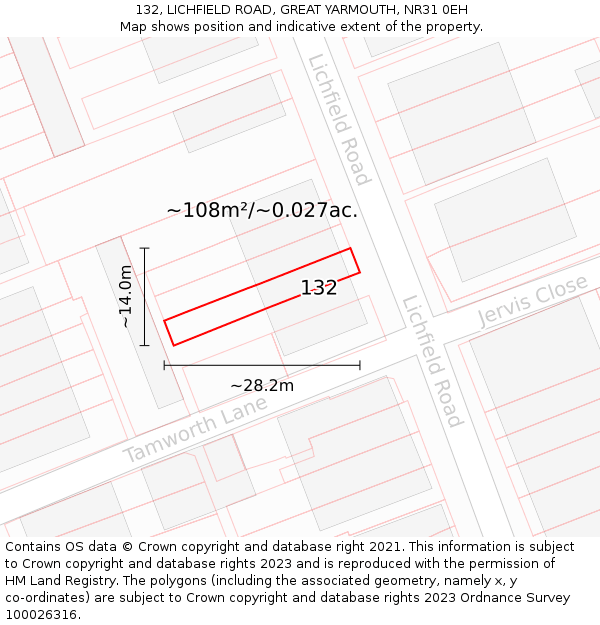 132, LICHFIELD ROAD, GREAT YARMOUTH, NR31 0EH: Plot and title map