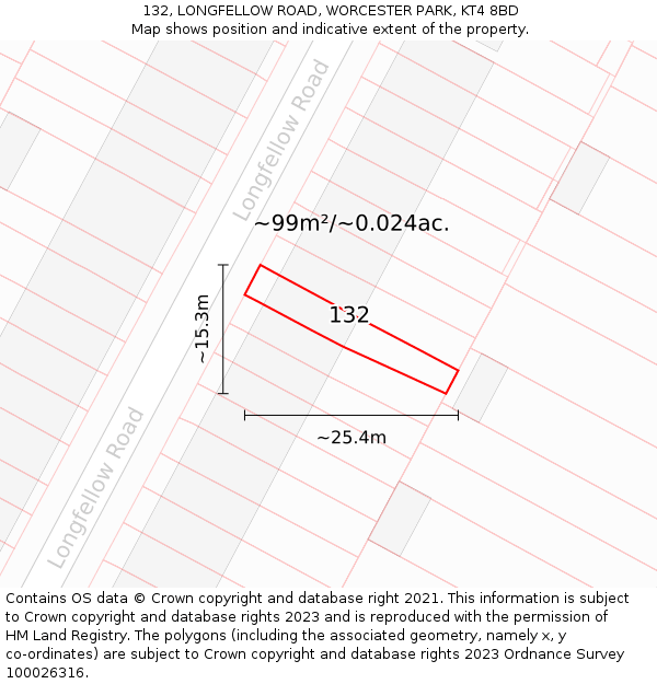 132, LONGFELLOW ROAD, WORCESTER PARK, KT4 8BD: Plot and title map