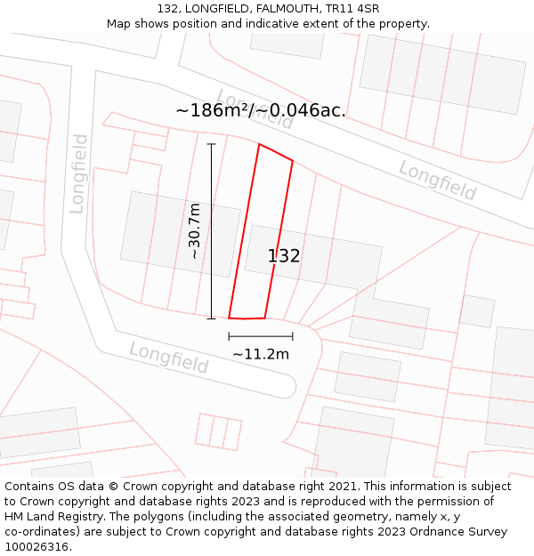 132, LONGFIELD, FALMOUTH, TR11 4SR: Plot and title map