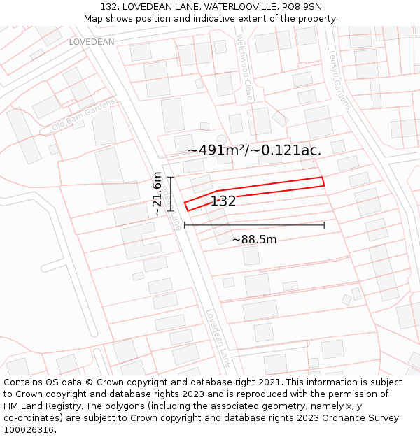 132, LOVEDEAN LANE, WATERLOOVILLE, PO8 9SN: Plot and title map