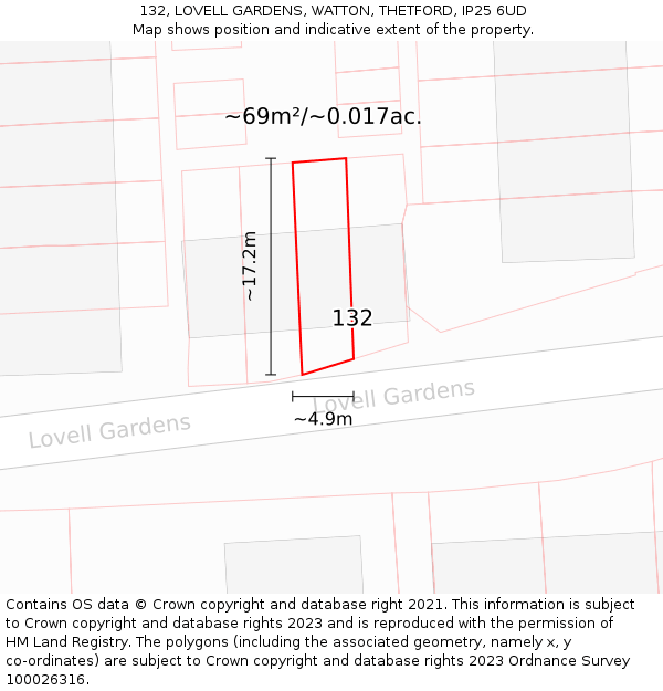 132, LOVELL GARDENS, WATTON, THETFORD, IP25 6UD: Plot and title map