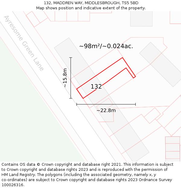 132, MADDREN WAY, MIDDLESBROUGH, TS5 5BD: Plot and title map
