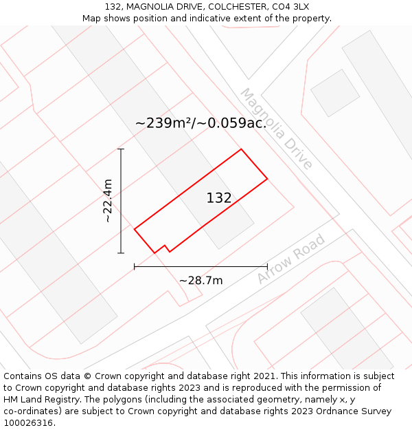 132, MAGNOLIA DRIVE, COLCHESTER, CO4 3LX: Plot and title map