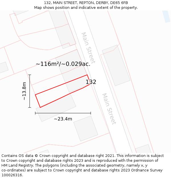 132, MAIN STREET, REPTON, DERBY, DE65 6FB: Plot and title map